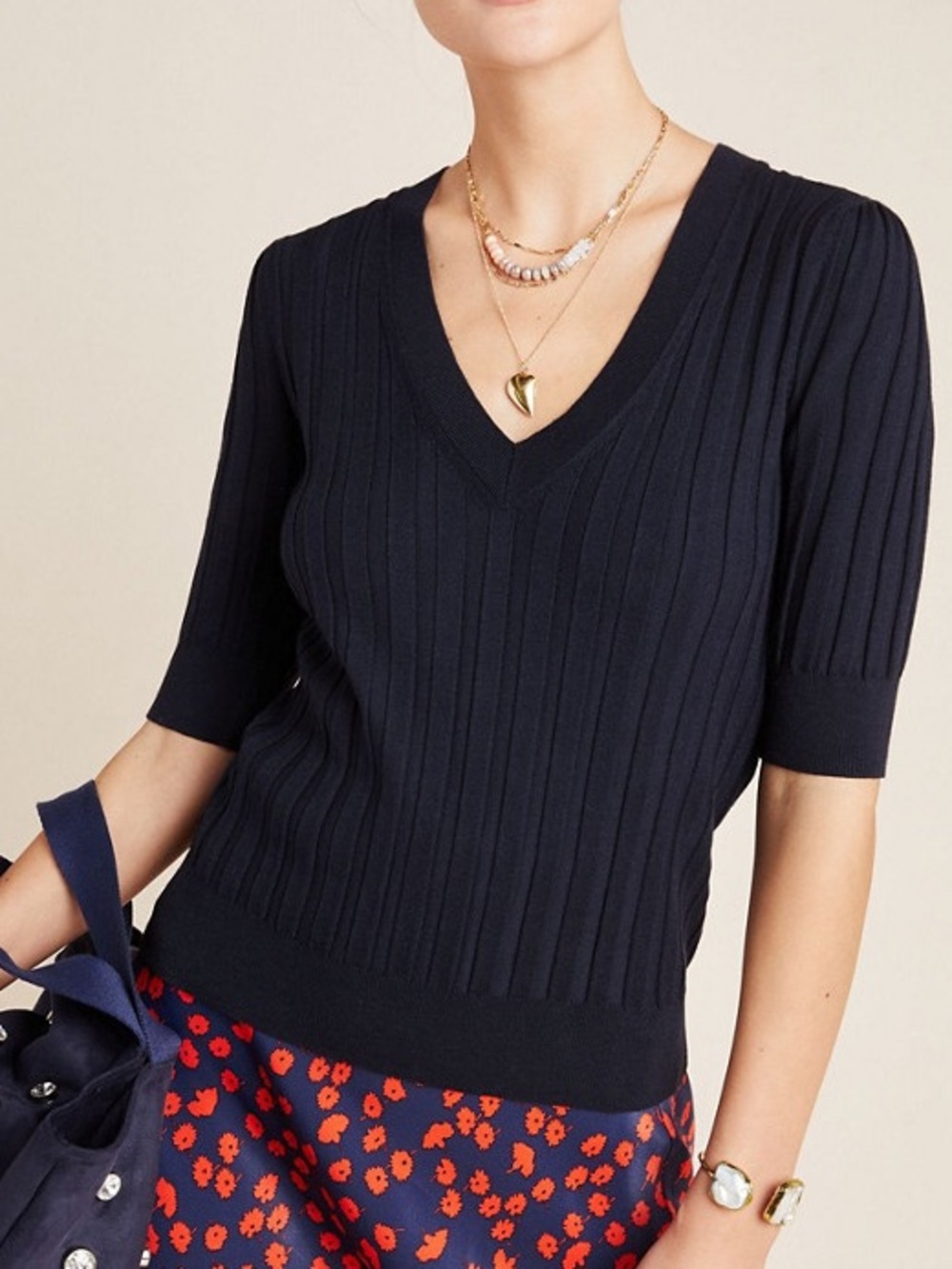 NWT Anthropologie Navy Ribbed Knit Top Short Sleeve